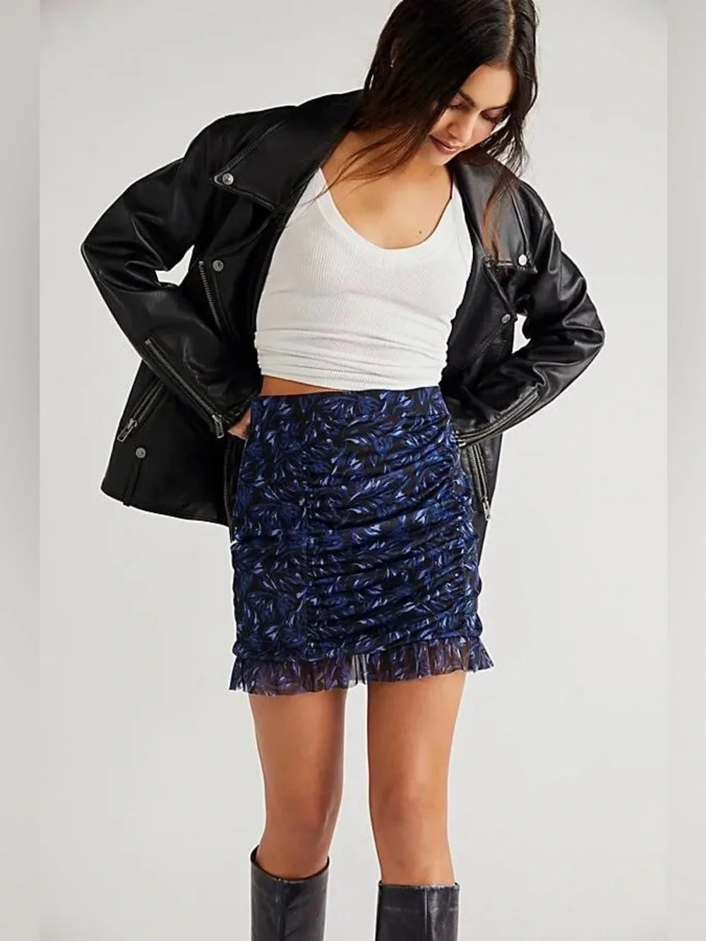 NWOT Free People Romi Mesh Ruched Navy Blue Black Floral Ruffled Mini Skirt XS